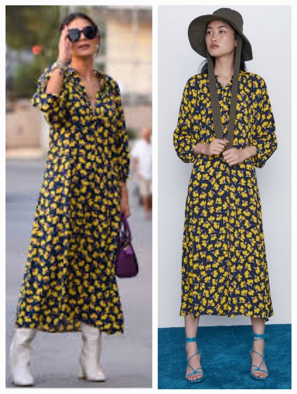 Zara Floral Dress Small S Midi Long 3/4 Sleeve Navy Yellow Casual Boho Fall